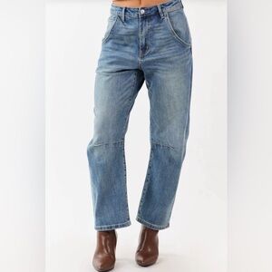 Mica Stretchy Barrel Leg Jeans Women Size 29 High Rise Slouchy Zip Up Blue